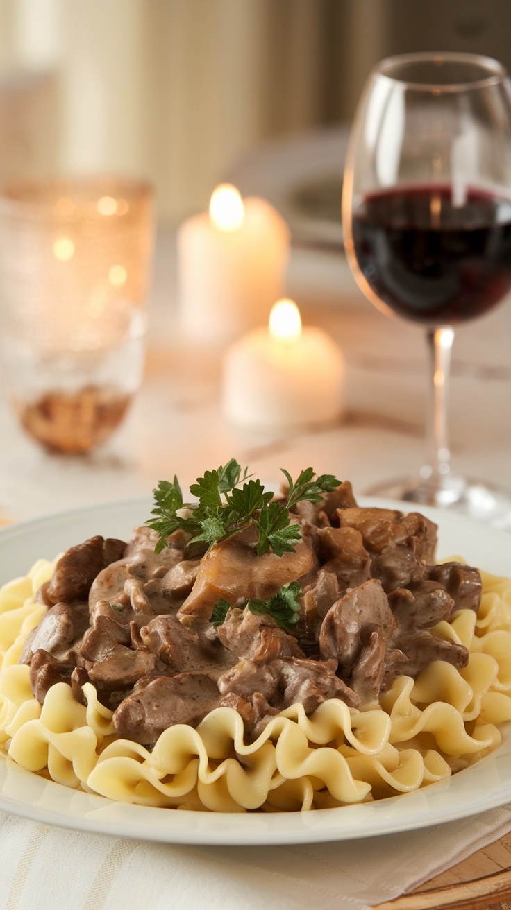 Classic Beef Stroganoff with Egg Noodles Beef stroganoff with egg noodles, creamy sauce, and parsley garnish on a romantic dinner table.