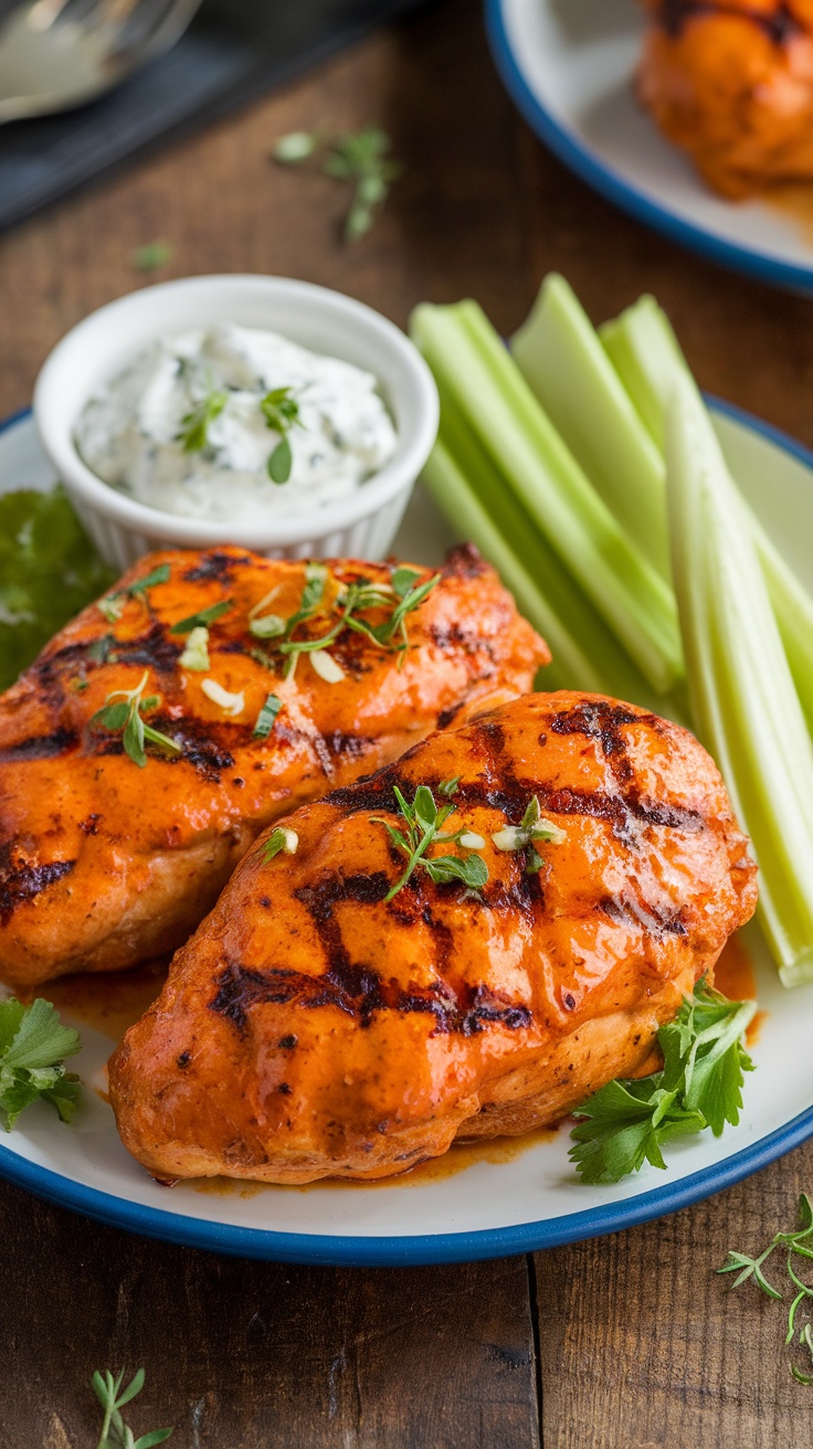 Spicy buffalo chicken breasts with garlic butter sauce, celery sticks, and blue cheese dressing on a rustic wooden table.