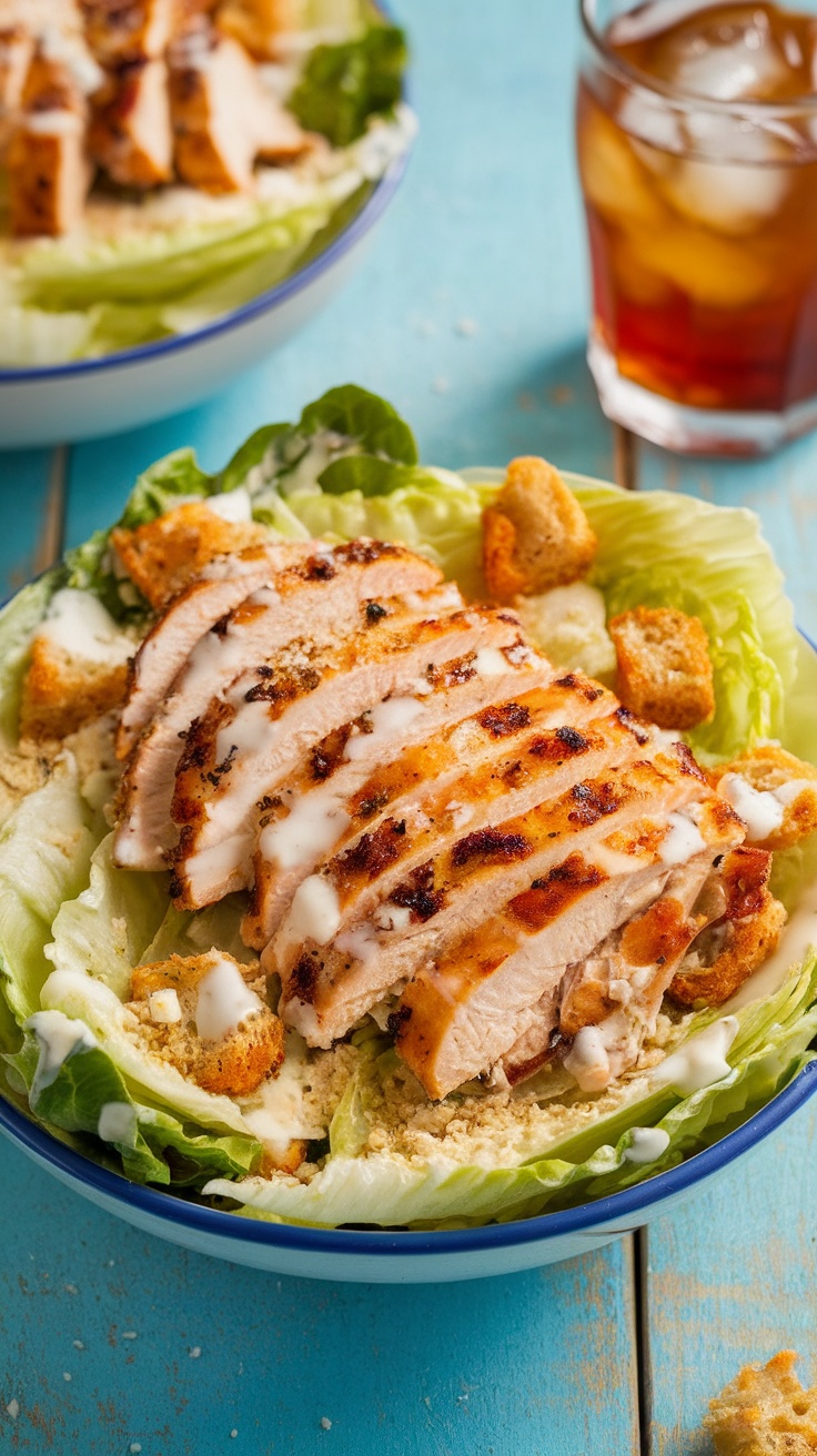 Classic Chicken Caesar Salad Recipe A bowl of Chicken Caesar Salad with grilled chicken, romaine lettuce, Caesar dressing, Parmesan cheese, and croutons.