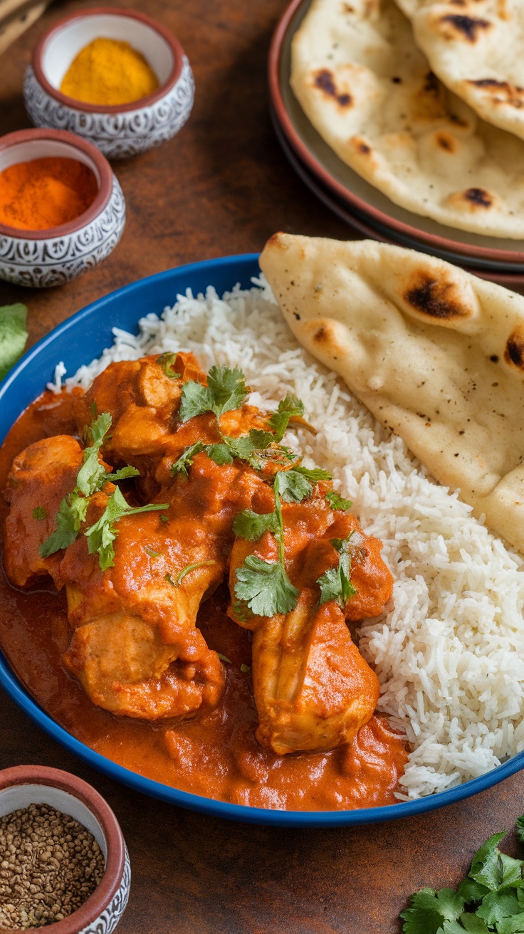 Creamy Chicken Tikka Masala Recipe A serving of Chicken Tikka Masala with basmati rice and naan, garnished with cilantro, on a rustic wooden table.