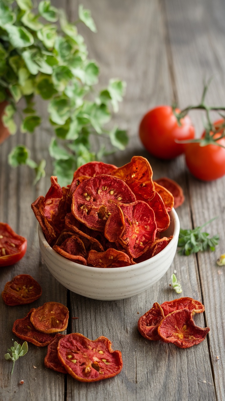 A bowl of crispy tomato chips with fresh tomatoes on a rustic wooden table.