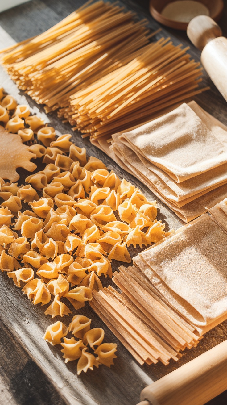 Homemade dehydrated pasta in various shapes on a wooden table with flour and a rolling pin.