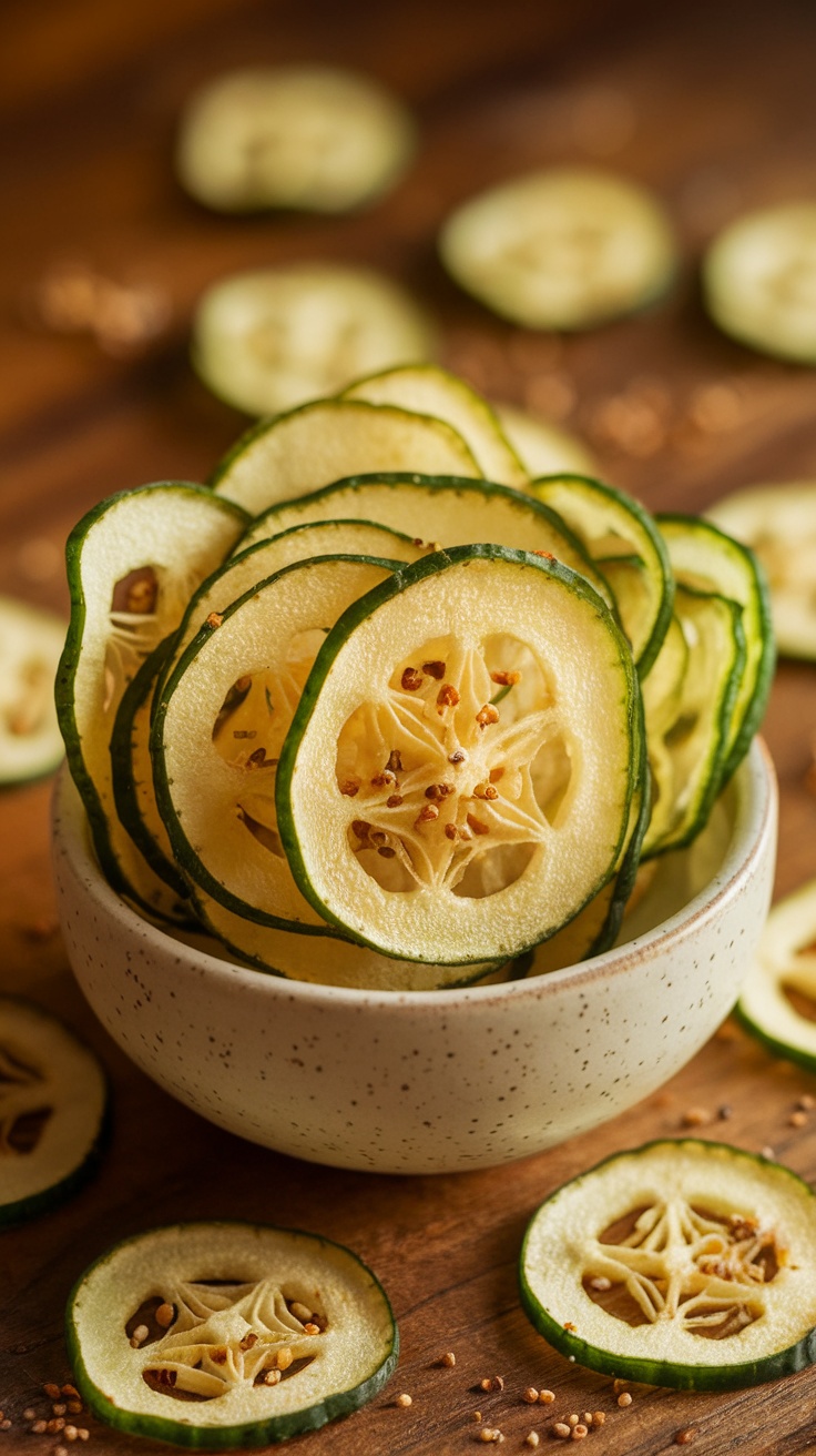 Crispy Dehydrated Cucumber Slices Recipe Crispy dehydrated cucumber slices in a bowl, surrounded by fresh cucumbers on a wooden table.