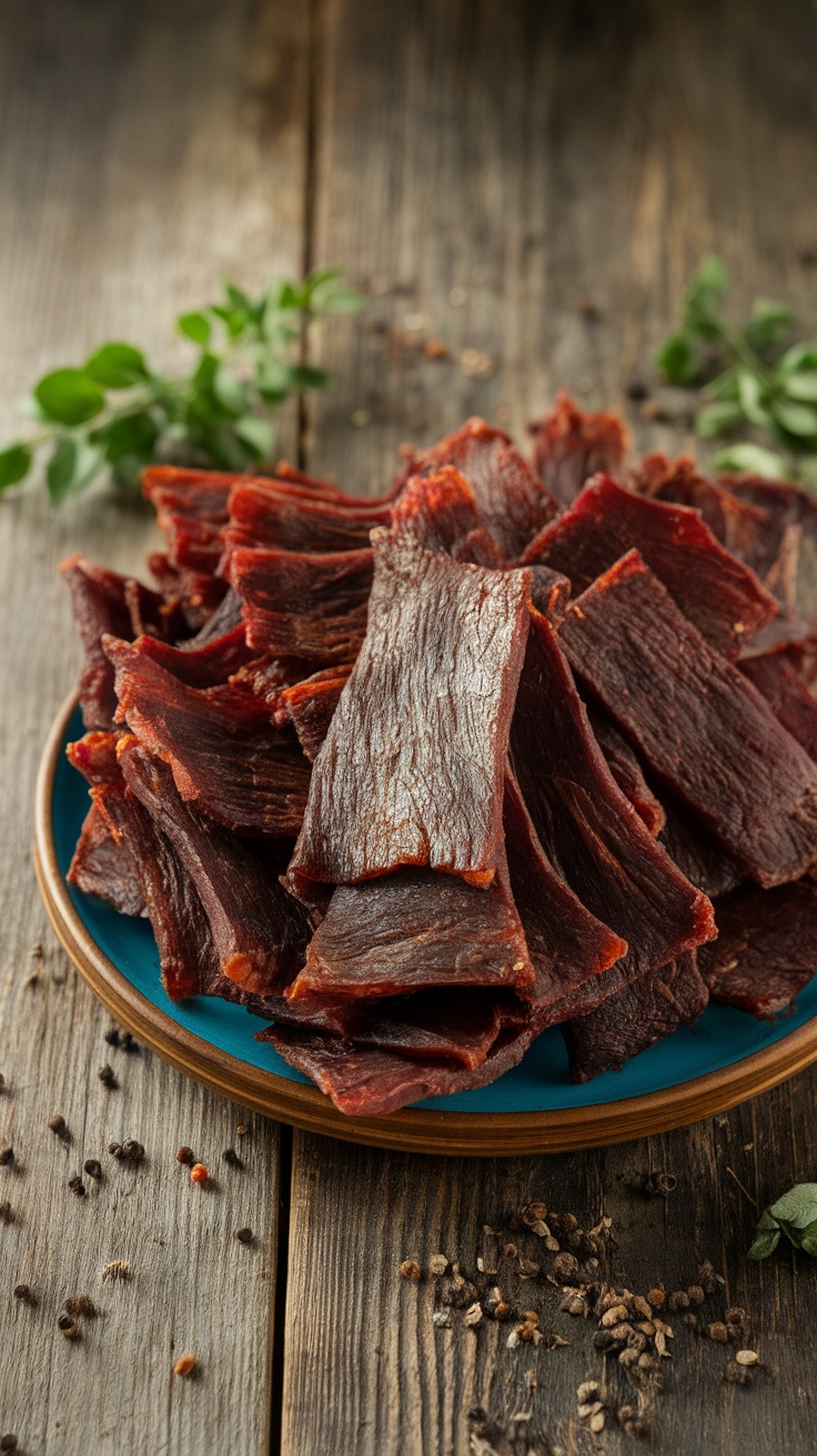 Homemade beef jerky pieces on a rustic wooden plate surrounded by herbs and spices.