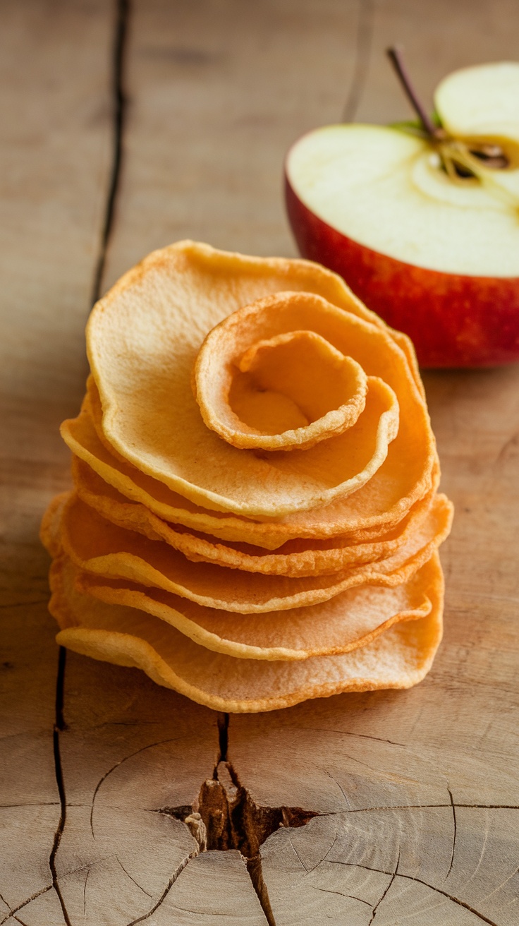 Dehydrated apple slices stacked on a wooden surface