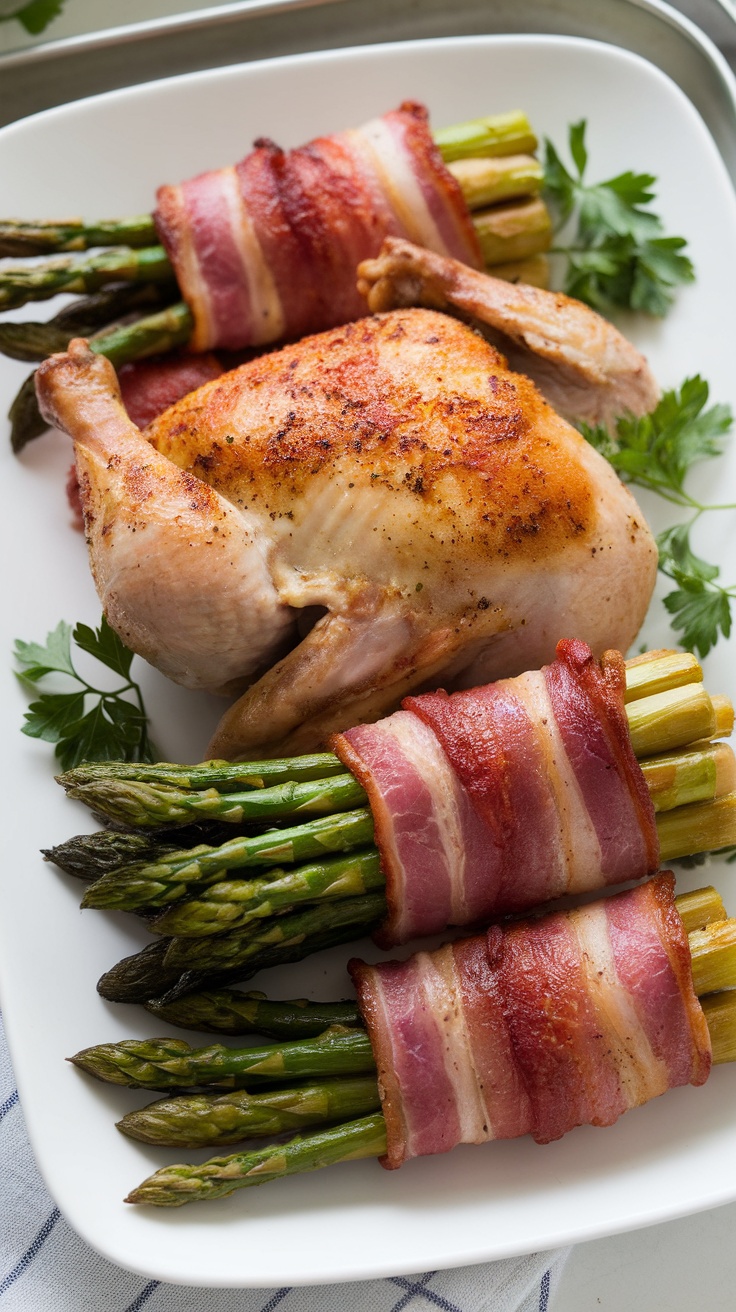Bacon wrapped chicken with asparagus on a plate, garnished with parsley.