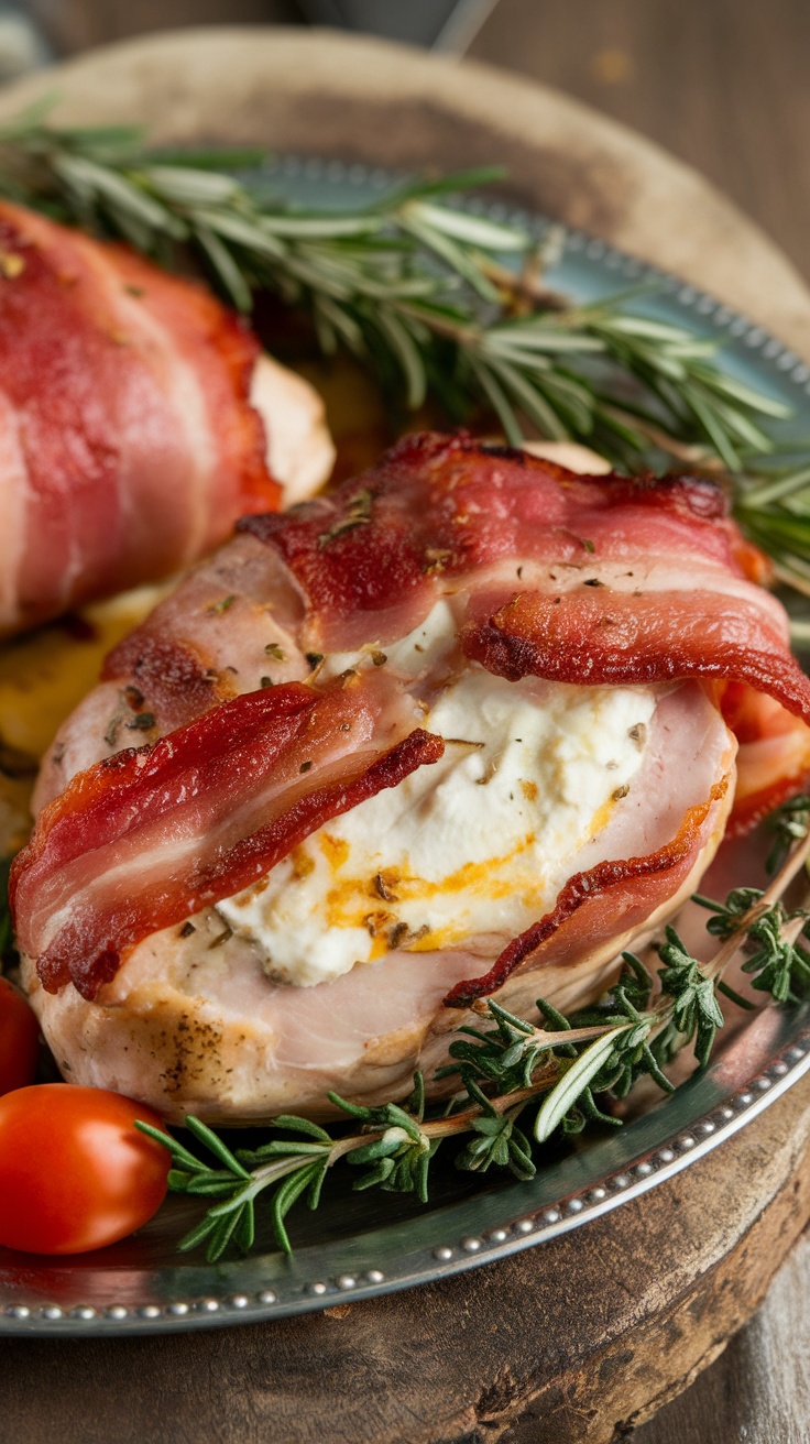 Bacon wrapped chicken with cream cheese filling, garnished with fresh herbs and cherry tomatoes.