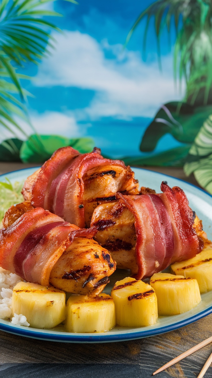 Plate of bacon wrapped chicken served with grilled pineapple slices, set against a tropical backdrop.