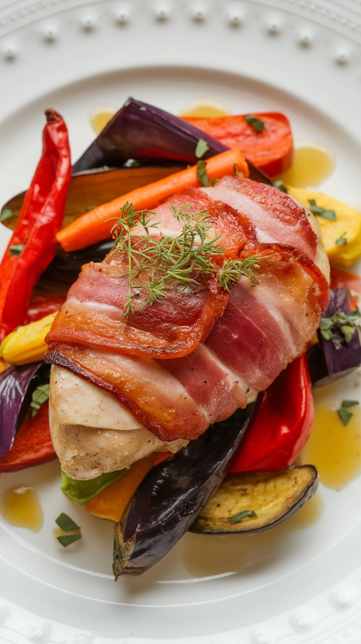 Bacon wrapped chicken on a plate with a colorful vegetable medley.