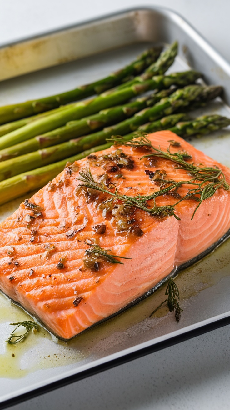 Baked Lemon Herb Salmon with fresh asparagus on a baking tray.