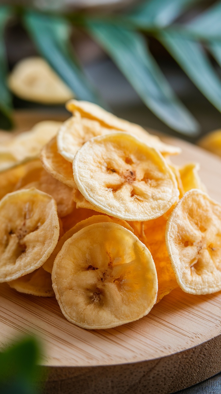 A close-up of dehydrated banana chips stacked on a wooden plate.