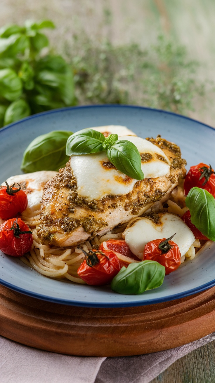 Basil pesto chicken breast topped with mozzarella, surrounded by cherry tomatoes and fresh basil leaves.