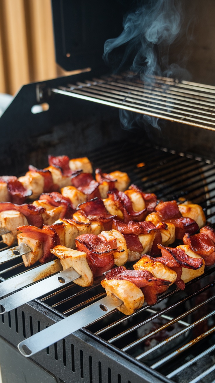 BBQ bacon wrapped chicken skewers grilling on a barbecue