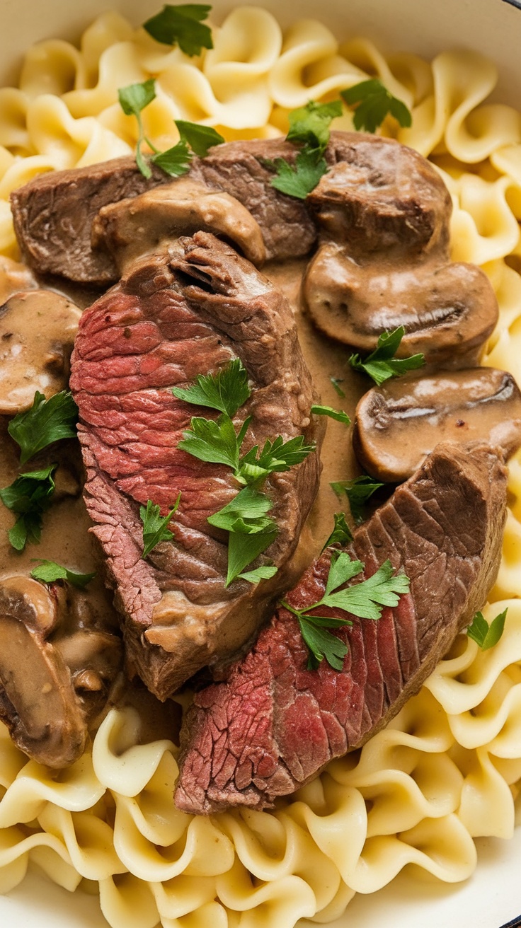 A plate of Beef Stroganoff with egg noodles, garnished with parsley.