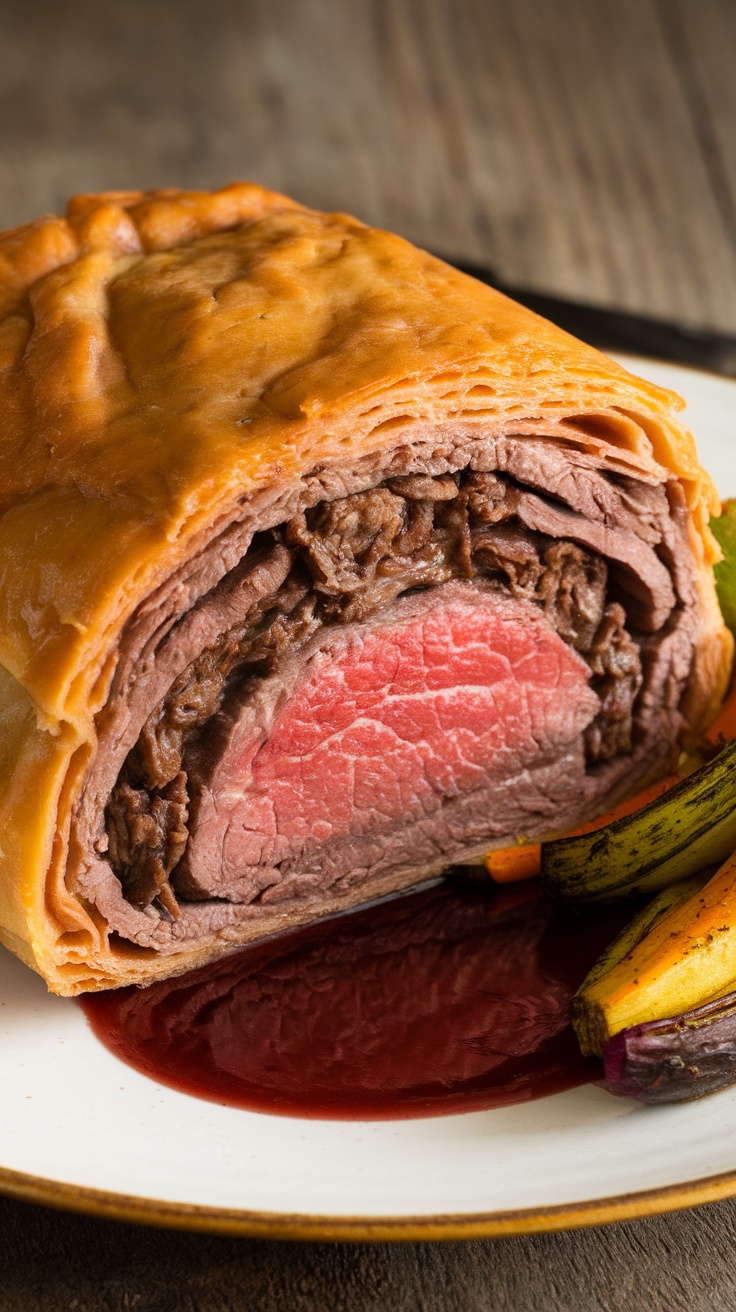 Delicious Beef Wellington with red wine sauce and roasted vegetables