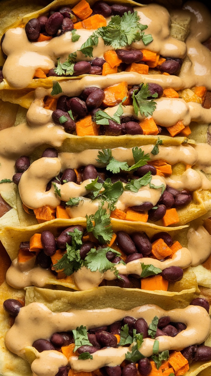 Image of black bean and sweet potato enchiladas topped with cashew cream and fresh cilantro.