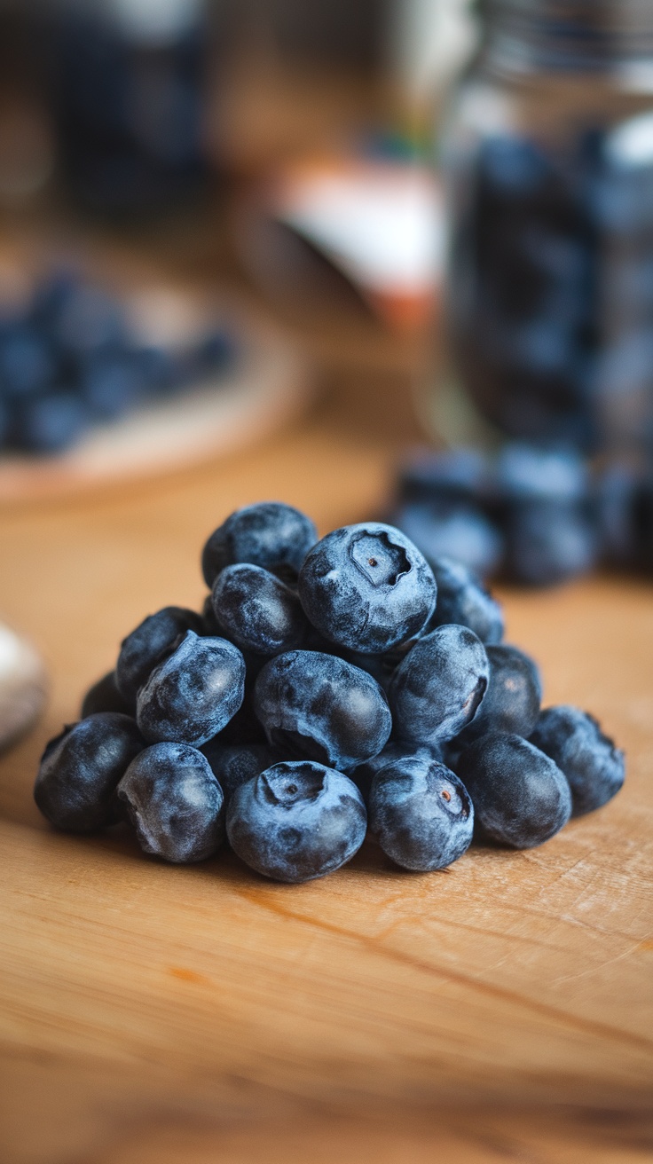 A pile of fresh blueberries on a wooden surface.