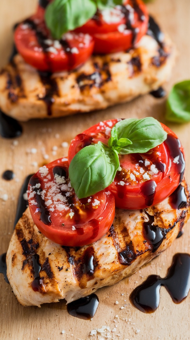 Bruschetta chicken topped with tomatoes, basil, and balsamic glaze