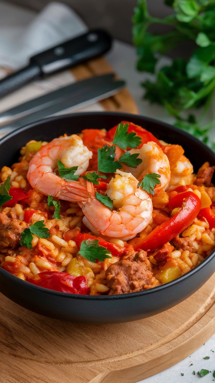 A bowl of Cajun shrimp and Andouille sausage jambalaya garnished with parsley.