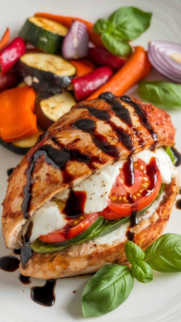 Plate of Caprese stuffed chicken with fresh basil and colorful vegetables