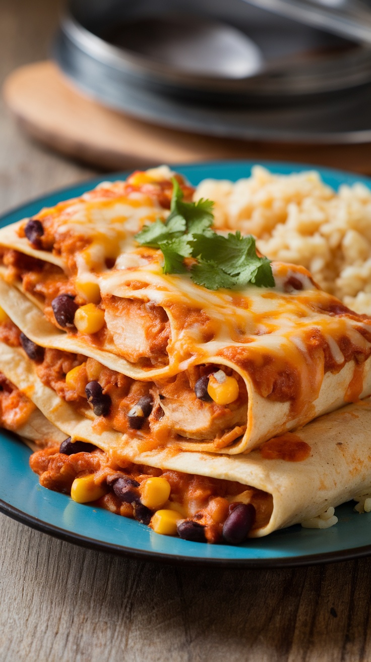 Cheesy chicken enchiladas topped with melted cheese, served with rice