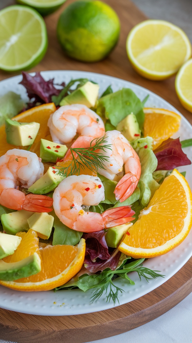 A plate of Citrus Shrimp and Avocado Salad with shrimp, avocado, oranges, and mixed greens.