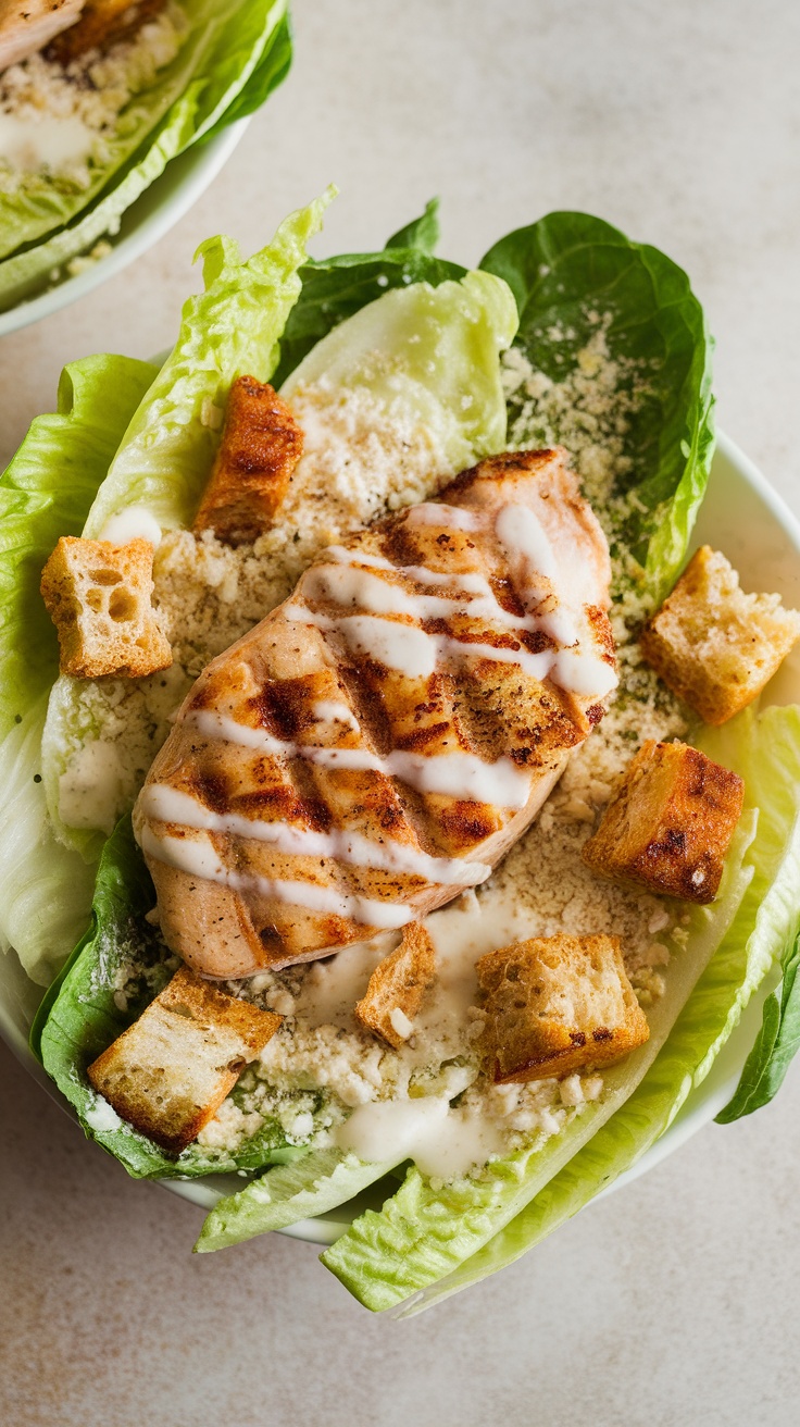 A Classic Chicken Caesar Salad with grilled chicken breast, lettuce, croutons, and dressing.