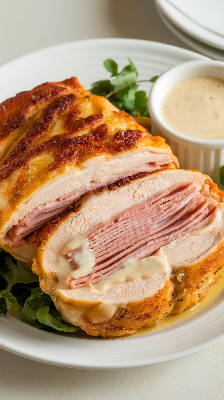 A plate of sliced Chicken Cordon Bleu, revealing layers of ham and cheese.