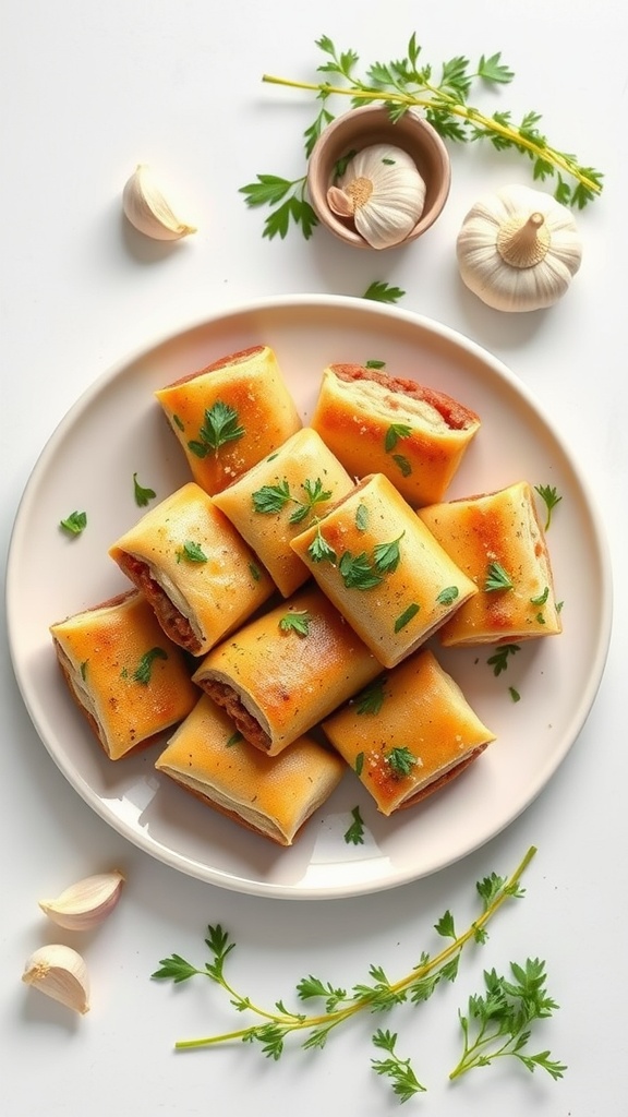 A plate of vegan sausage rolls garnished with parsley, accompanied by garlic cloves and fresh herbs.