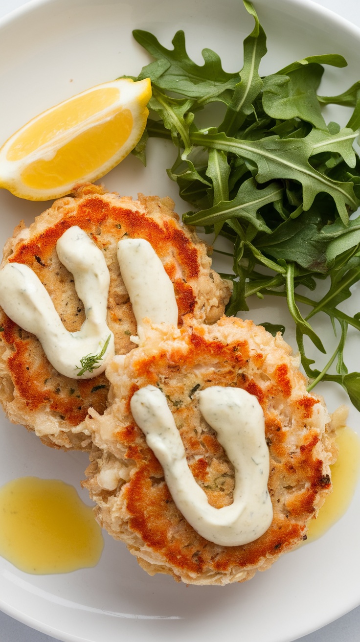 Plate of crab cakes with lemon aioli and arugula salad