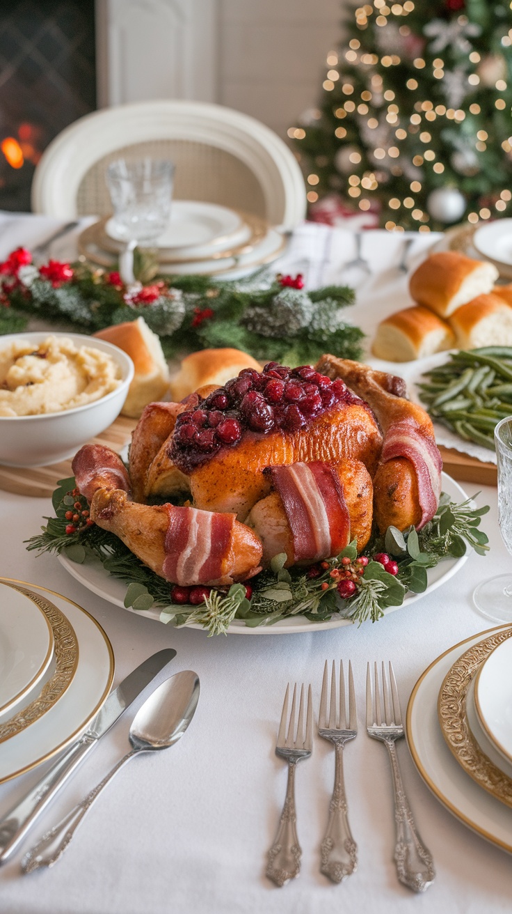 A beautifully arranged table featuring bacon wrapped chicken topped with cranberry sauce, surrounded by festive decorations.