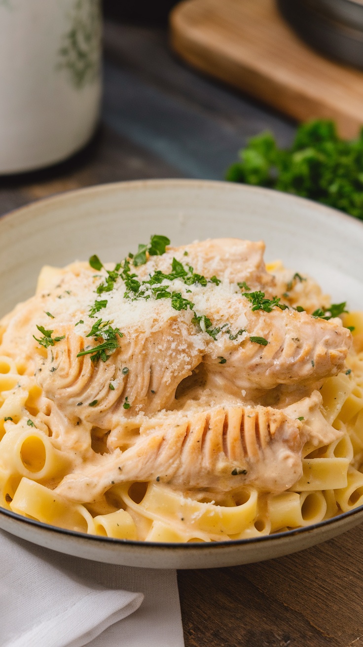 A bowl of creamy chicken alfredo with fettuccine pasta topped with parsley.