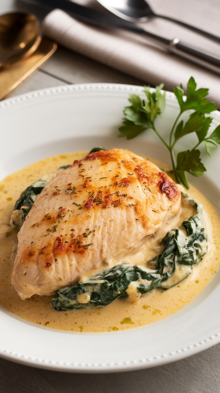 Creamy Chicken Florentine with Spinach and Parmesan served on a plate