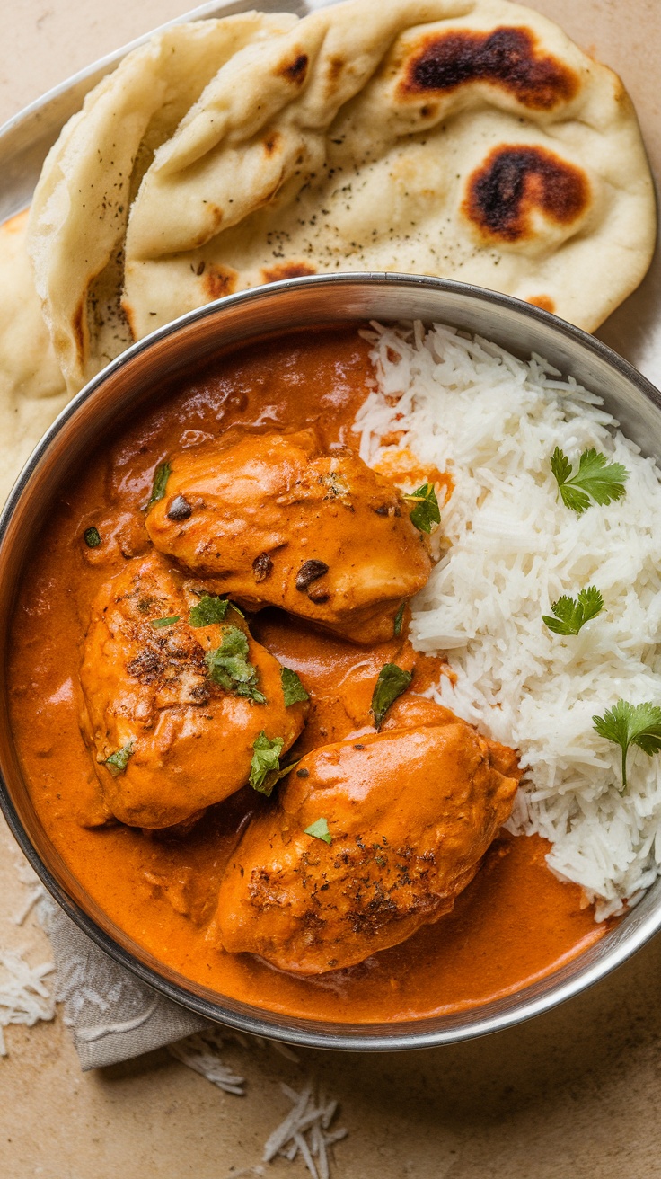 A bowl of creamy chicken tikka masala with naan and rice on the side.