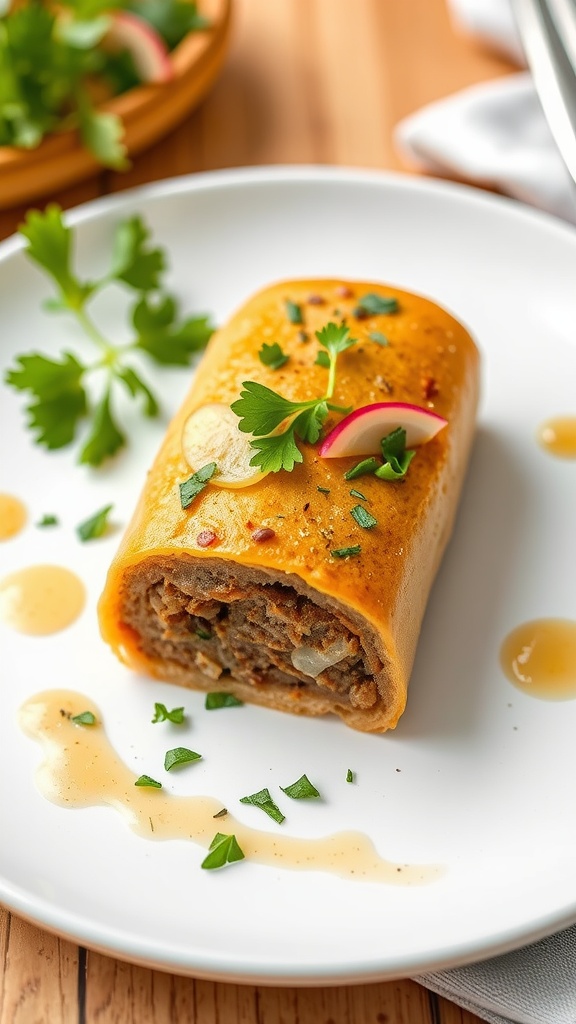 A beautifully garnished vegan sausage roll on a plate with edible flowers and herbs.