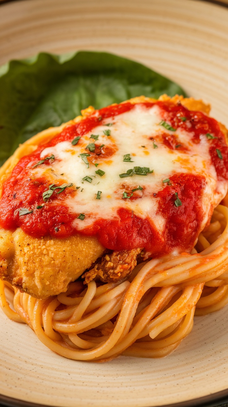 A delicious plate of crispy chicken parmesan served with spaghetti and marinara sauce.