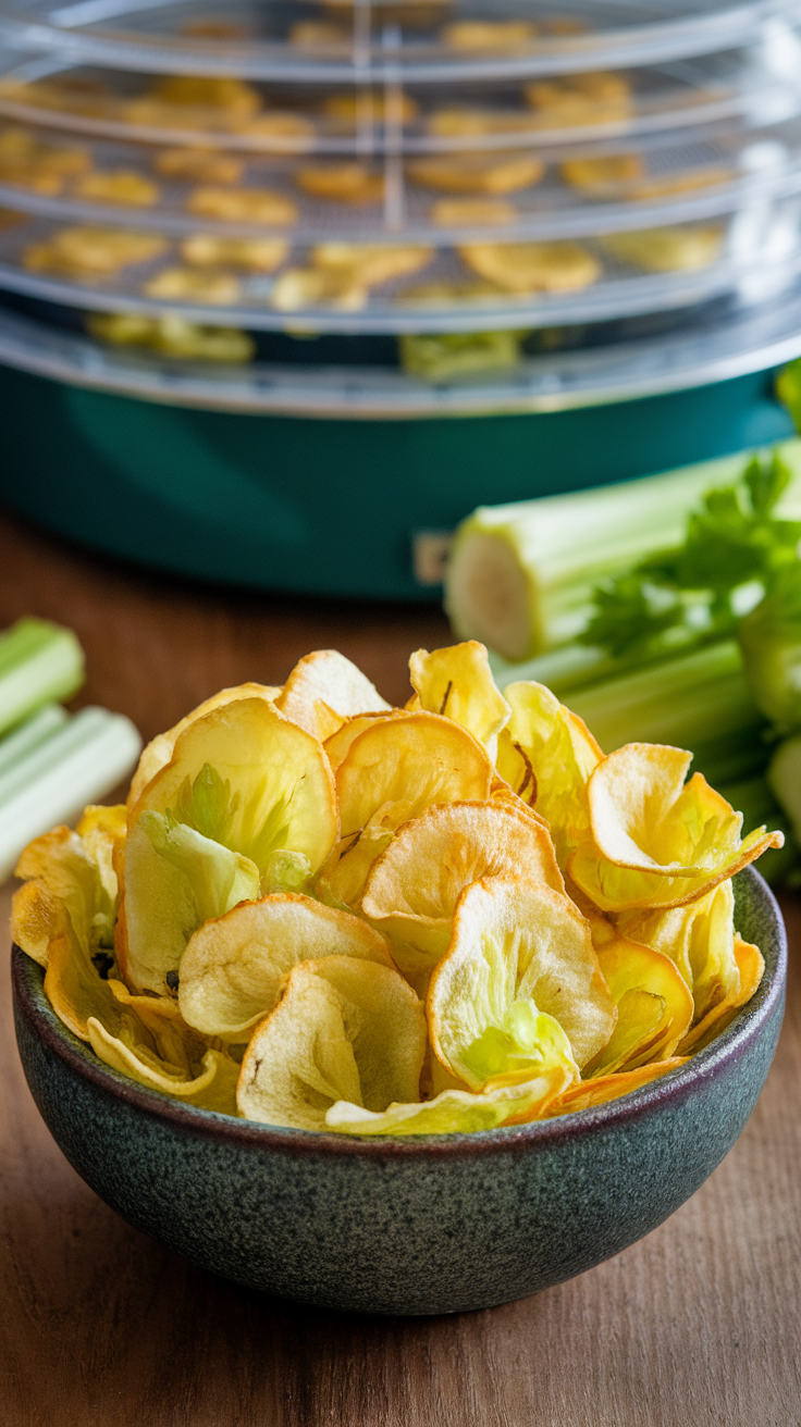 Homemade Dehydrated Celery Chips Recipe Homemade dehydrated celery chips in a bowl, with fresh celery and a dehydrator in the background.