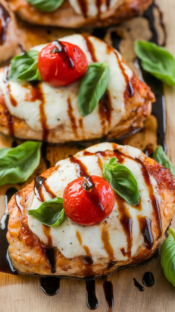 Caprese Chicken topped with mozzarella, cherry tomatoes, and basil