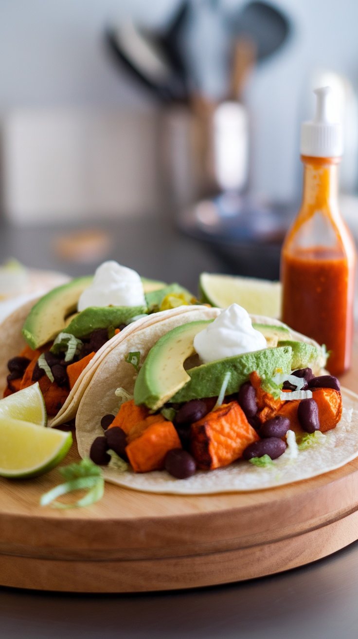 Sweet potato and black bean tacos with avocado and lime