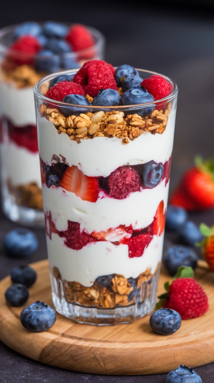 A delicious Mixed Berry Yogurt Parfait layered with yogurt, berries, and granola in a glass.
