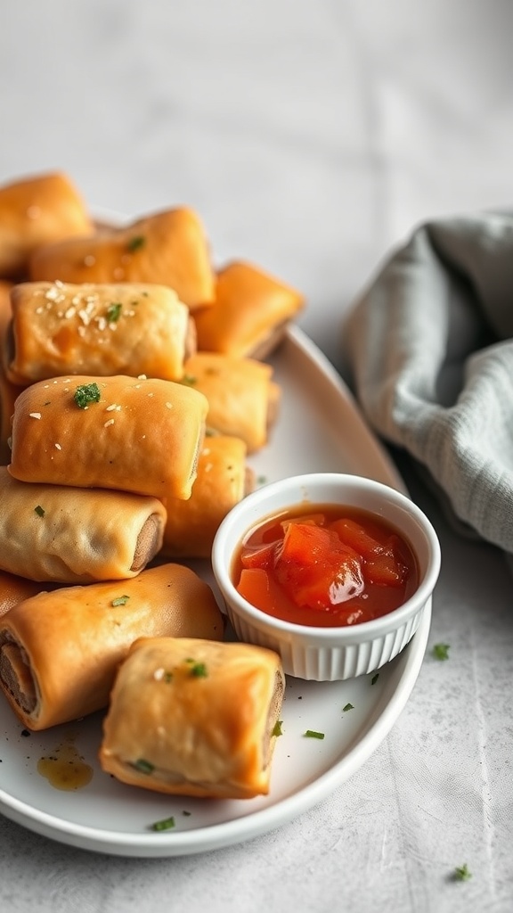 A plate of vegan sausage rolls with a small bowl of tomato chutney on the side