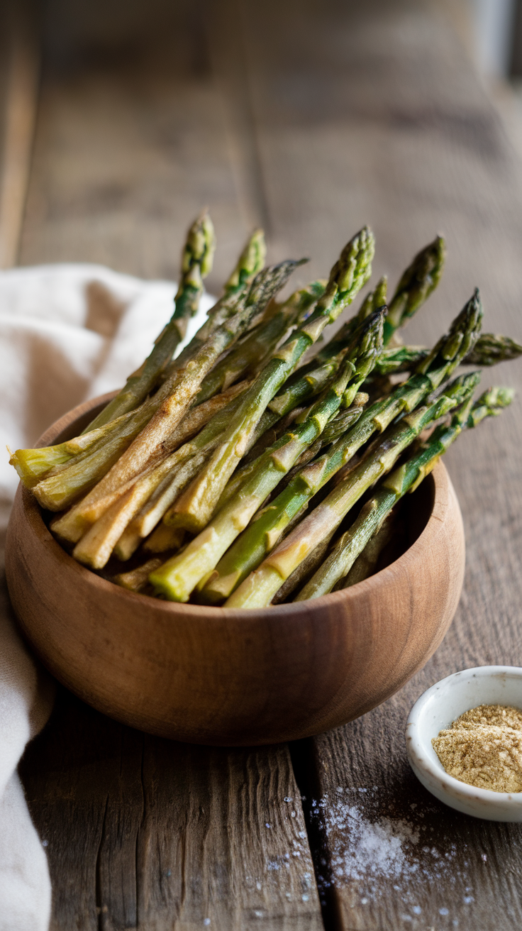 Crispy Dehydrated Asparagus Snack Recipe Crispy dehydrated asparagus in a wooden bowl with salt and garlic powder on a wooden table.