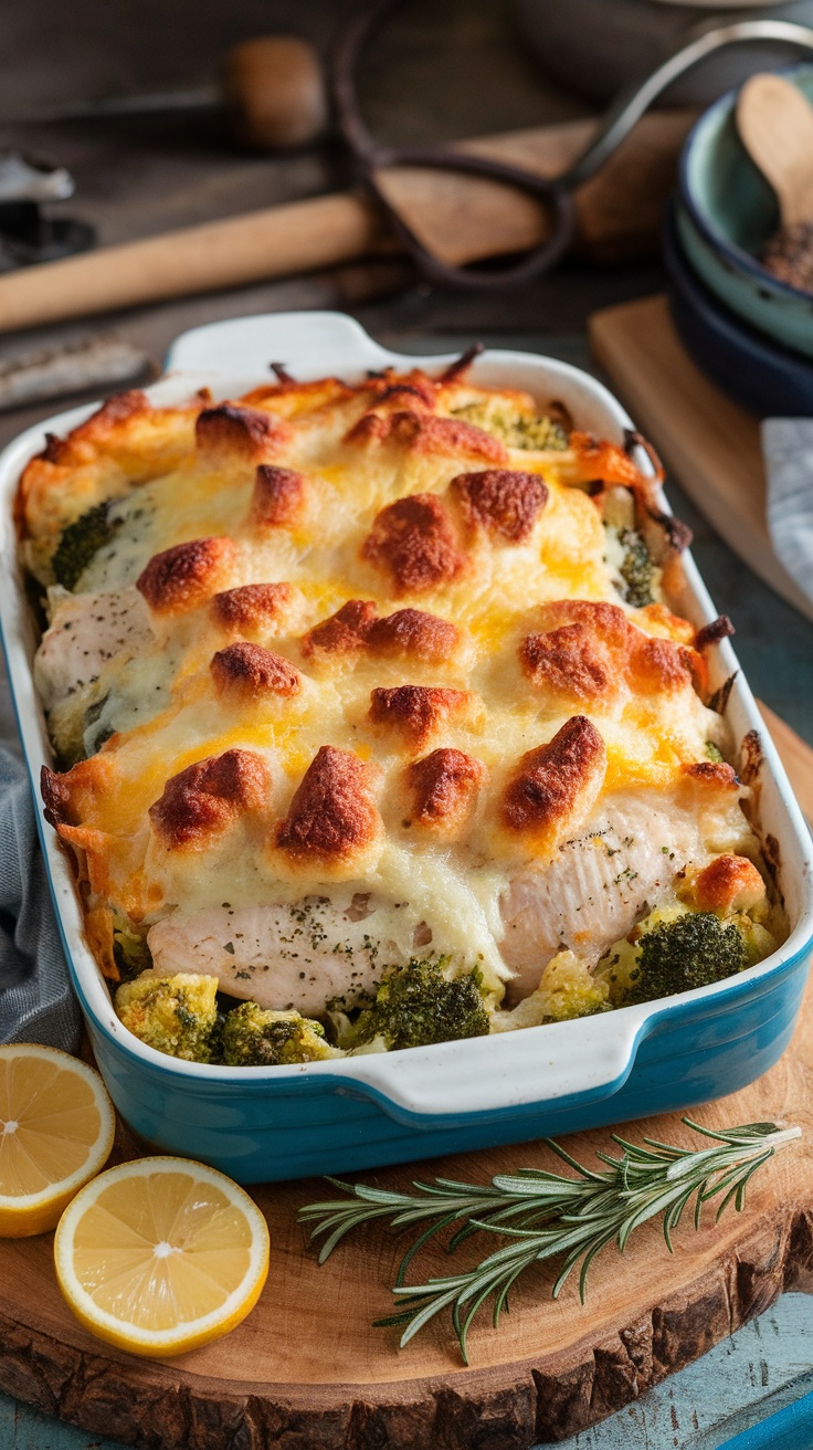 A delicious cheesy chicken and broccoli casserole, topped with golden brown cheese.