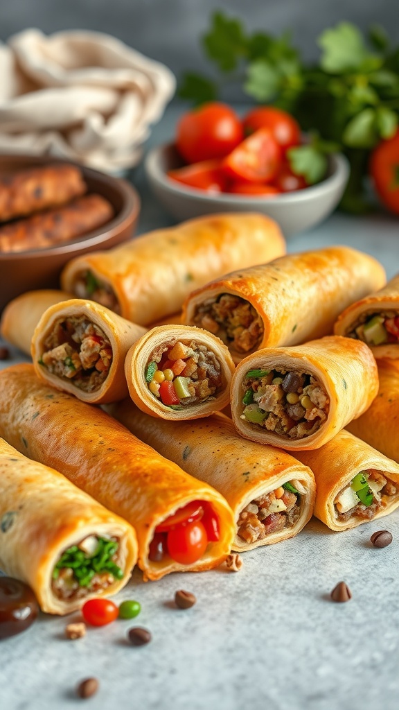 A colorful array of vegan sausage rolls with various vegetable fillings, garnished with fresh herbs and tomatoes.
