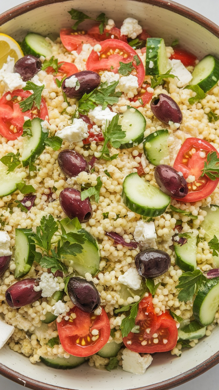A bowl of Mediterranean couscous salad topped with cucumbers, tomatoes, olives, and feta cheese.