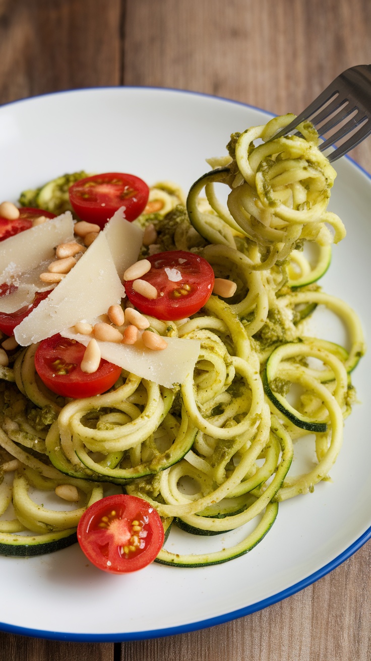 A plate of fresh zucchini noodles topped with pesto, cherry tomatoes, and pine nuts.