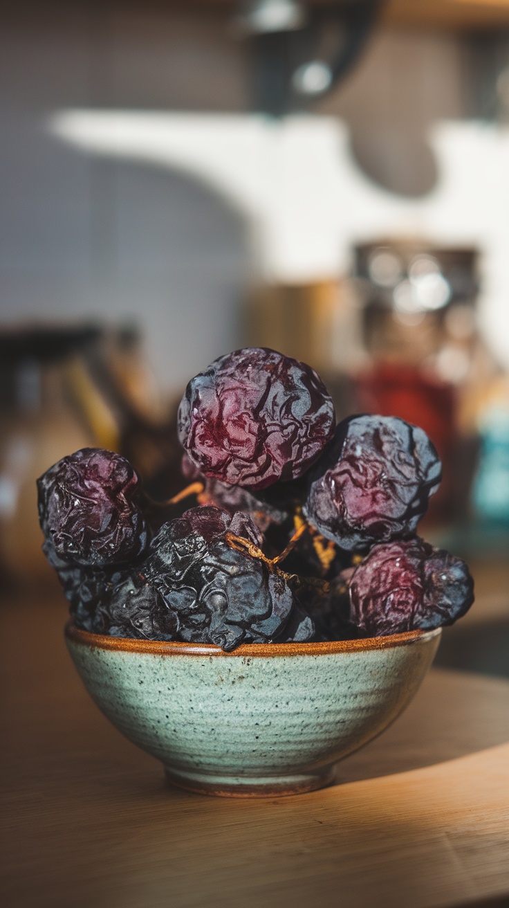 A bowl of dehydrated grapes.