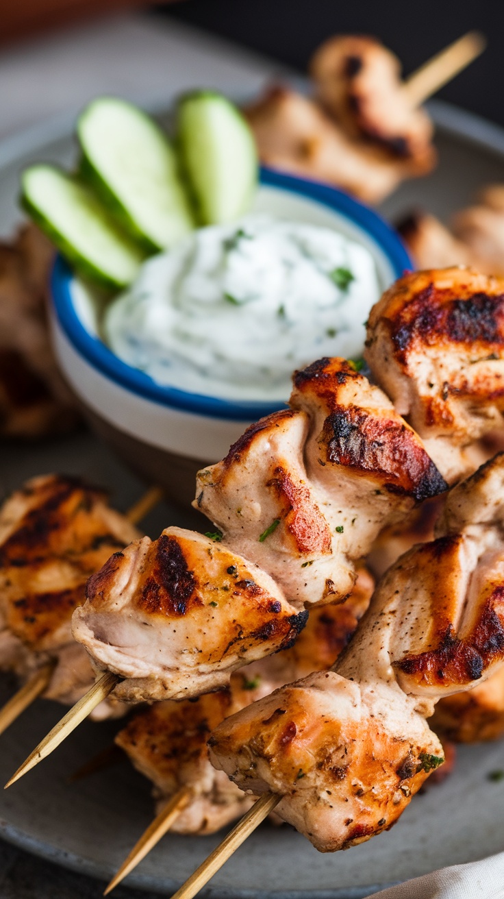 Grilled chicken skewers with tzatziki sauce and cucumber slices