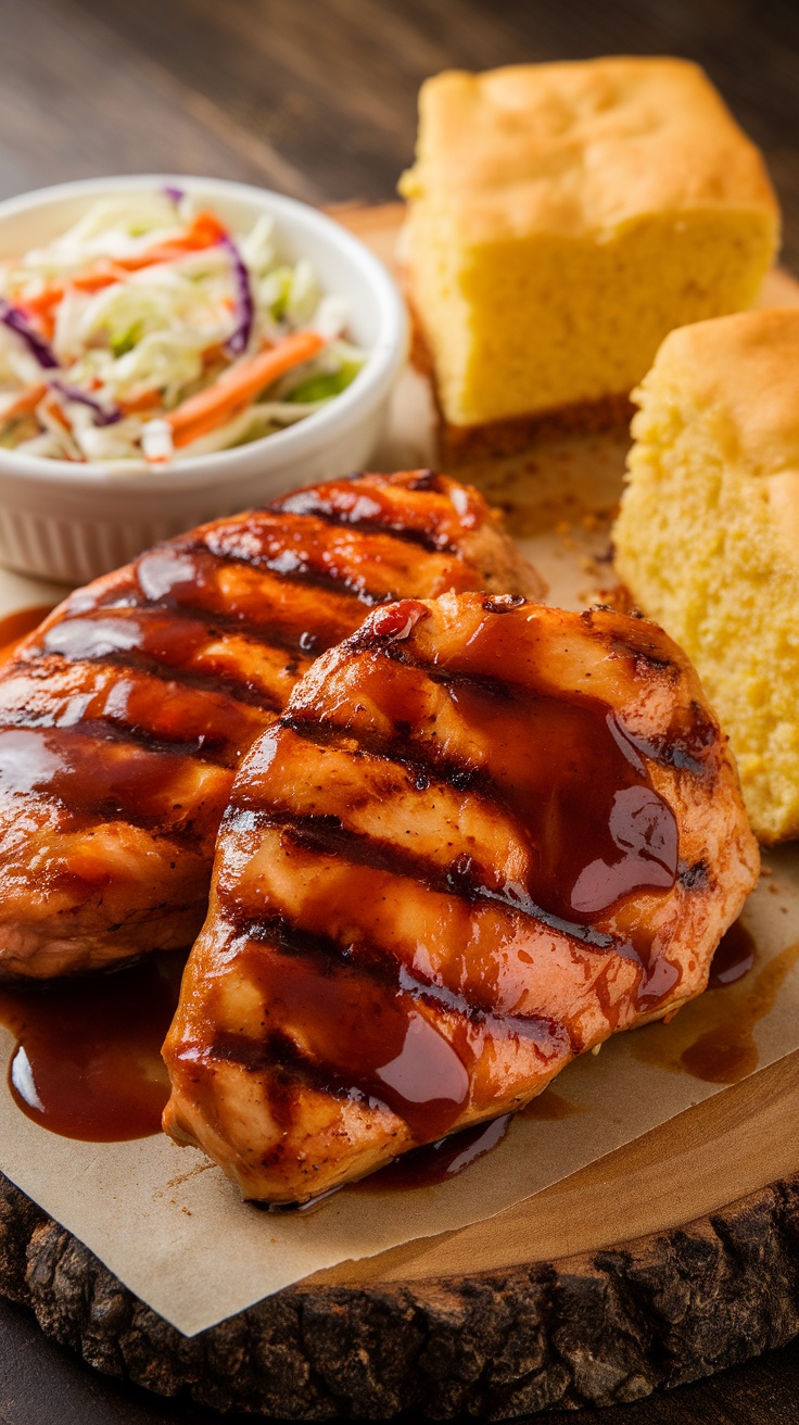 Grilled BBQ chicken breast with coleslaw and cornbread on a wooden platter