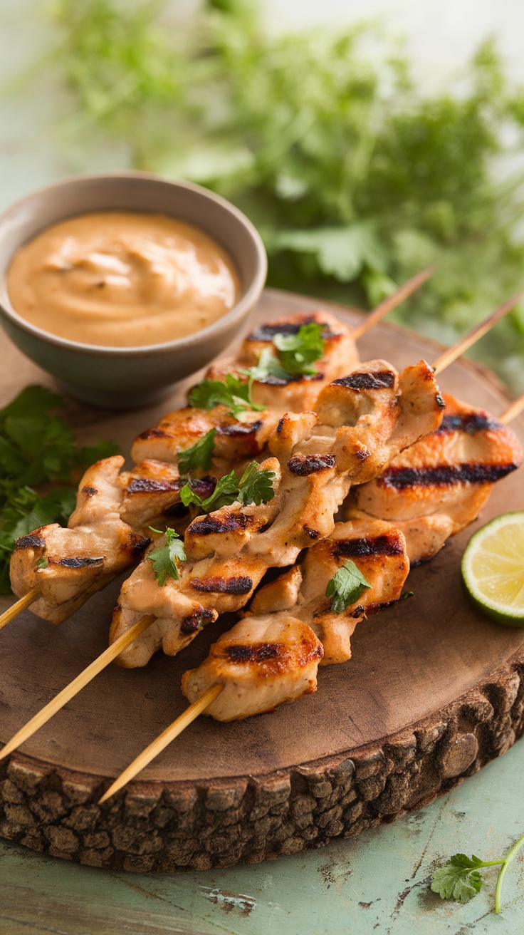 Grilled chicken satay skewers with peanut dipping sauce and garnished with cilantro